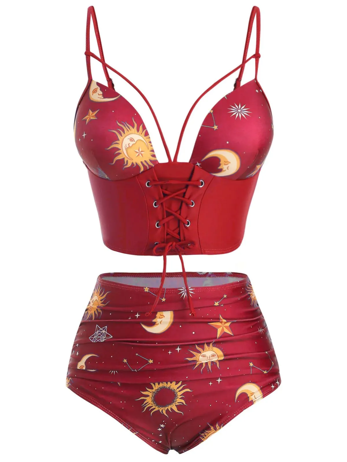 Red 1940s Sun Moon Stars Lace-Up Swimsuit sold by Retro Stage