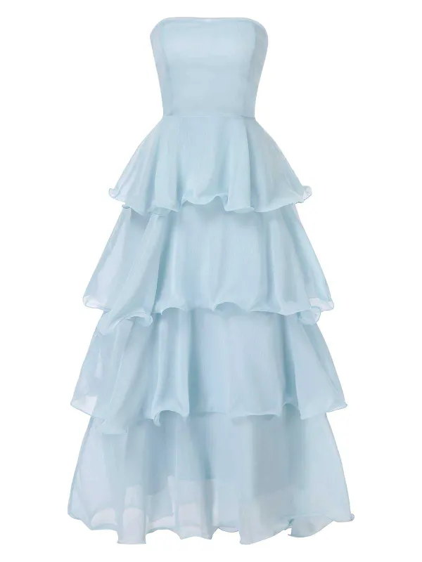 Light Blue 1970s Strapless Layered Ruffles Dress sold by Retro Stage