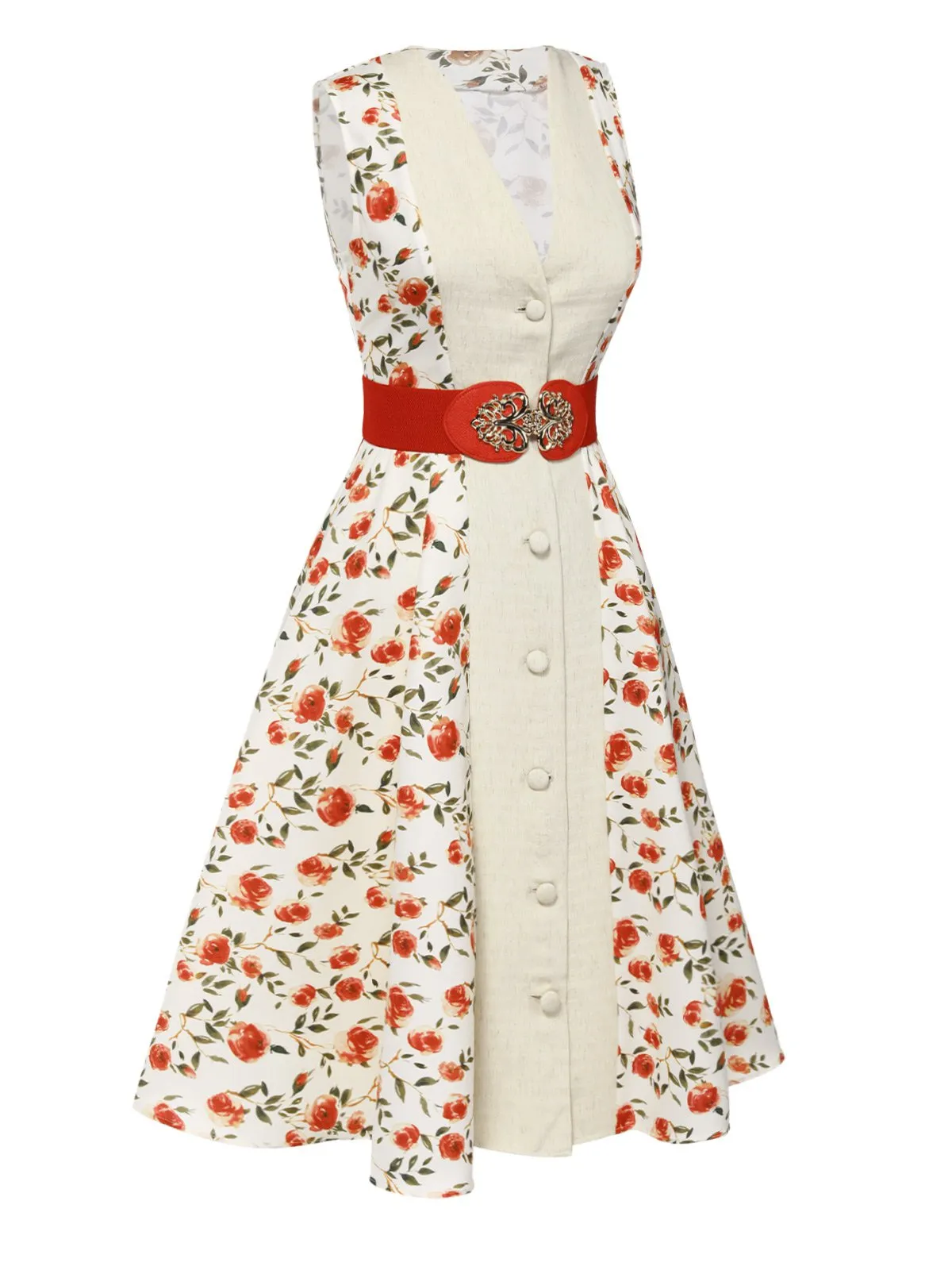 Beige & Red 1950s Painting Roses Belted Dress sold by Retro Stage product image thumbnail 5