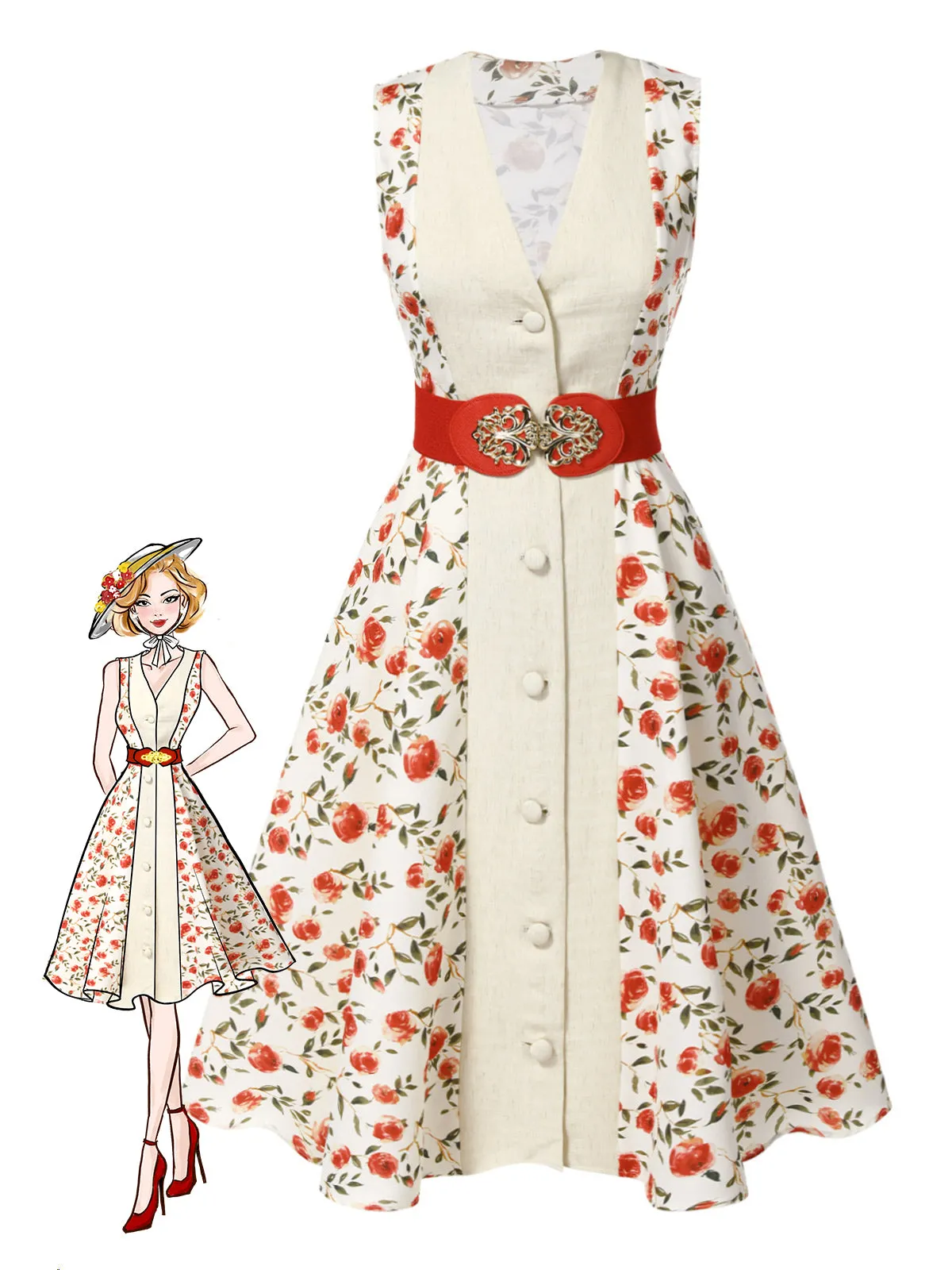 Beige & Red 1950s Painting Roses Belted Dress sold by Retro Stage