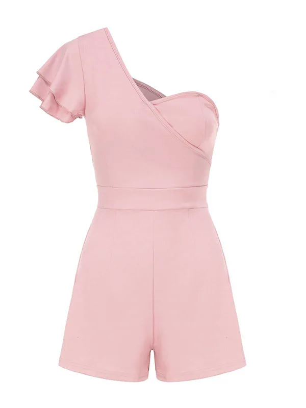 1950s One Shoulder Ruffles Solid Romper sold by Retro Stage