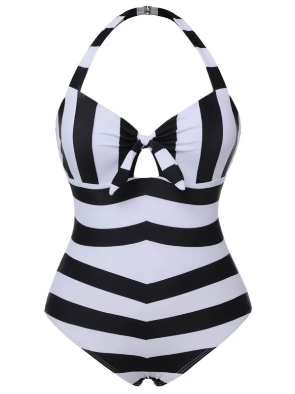[Plus Size] Black & White 1950s Barbie Striped Halter One-Piece Swimsuit sold by Retro Stage