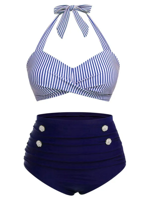 [Plus Size] Blue 1940s Striped Halter Bowknot Bikini Set sold by Retro Stage
