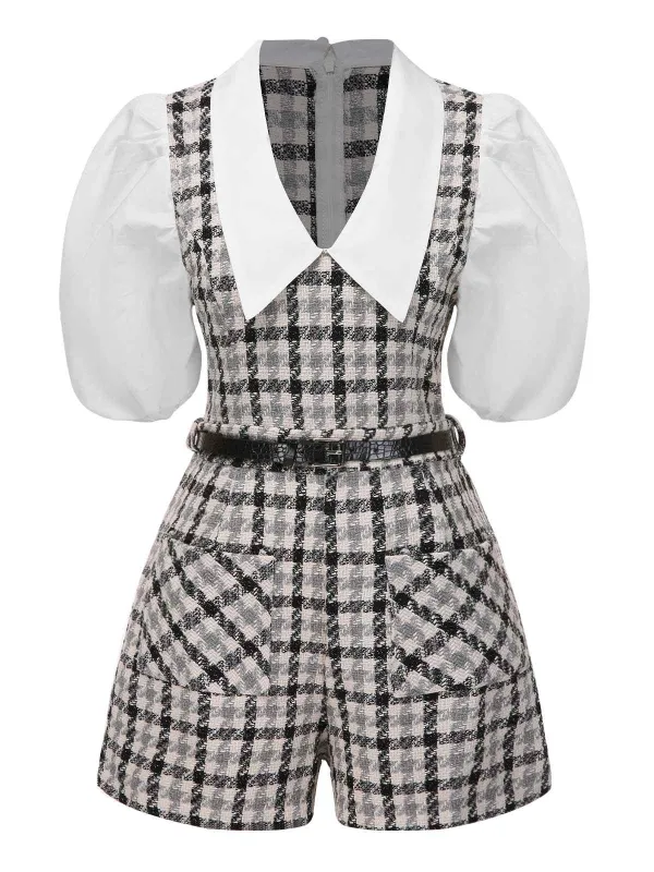 Black & White 1970s Lapel Plaid Belted Romper sold by Retro Stage