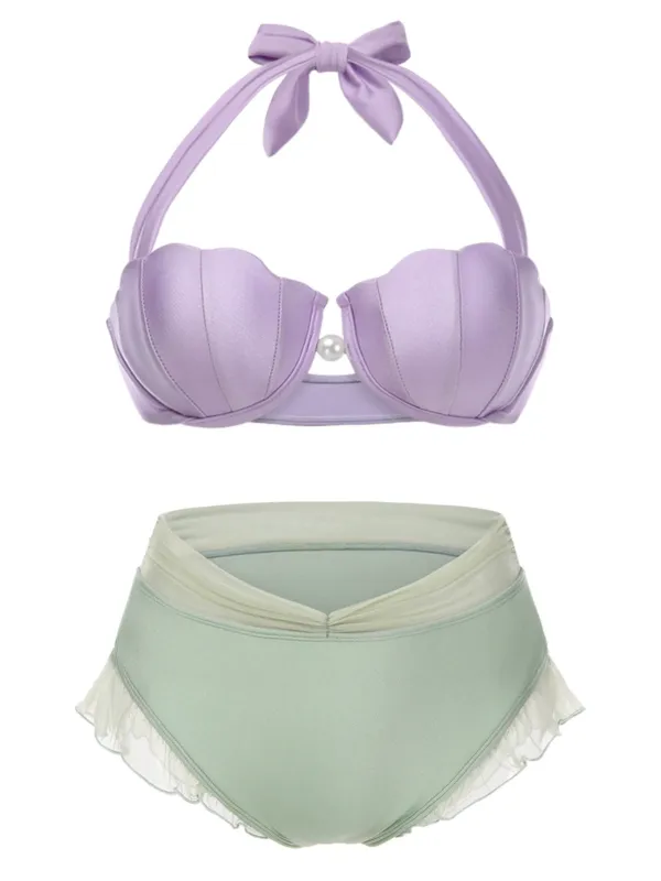 [Plus Size] Lavender 1970s Mermaid Shell Halter Bikini Set sold by Retro Stage