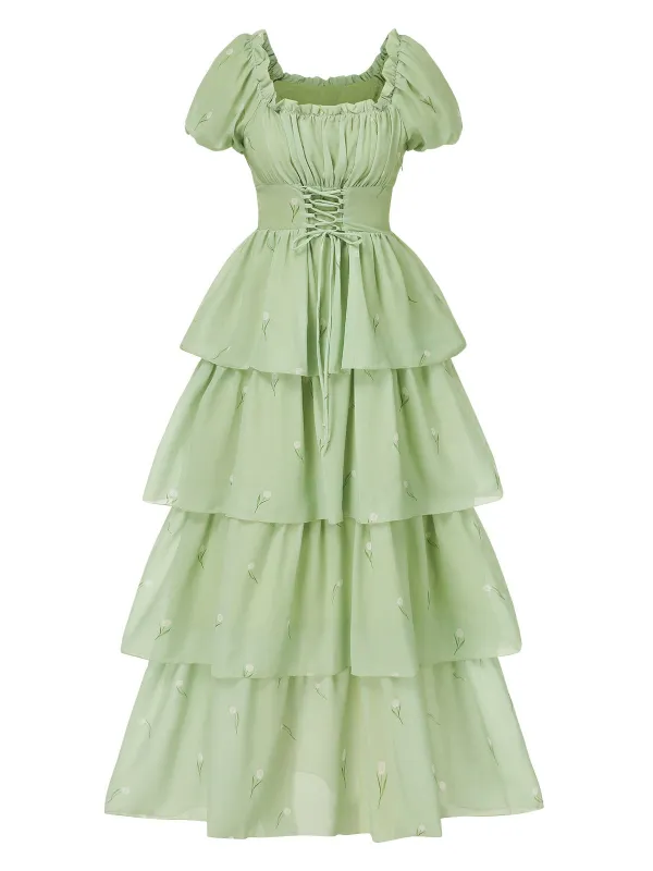 Grey Green 1970s Tiered Floral Maxi Dress sold by Retro Stage