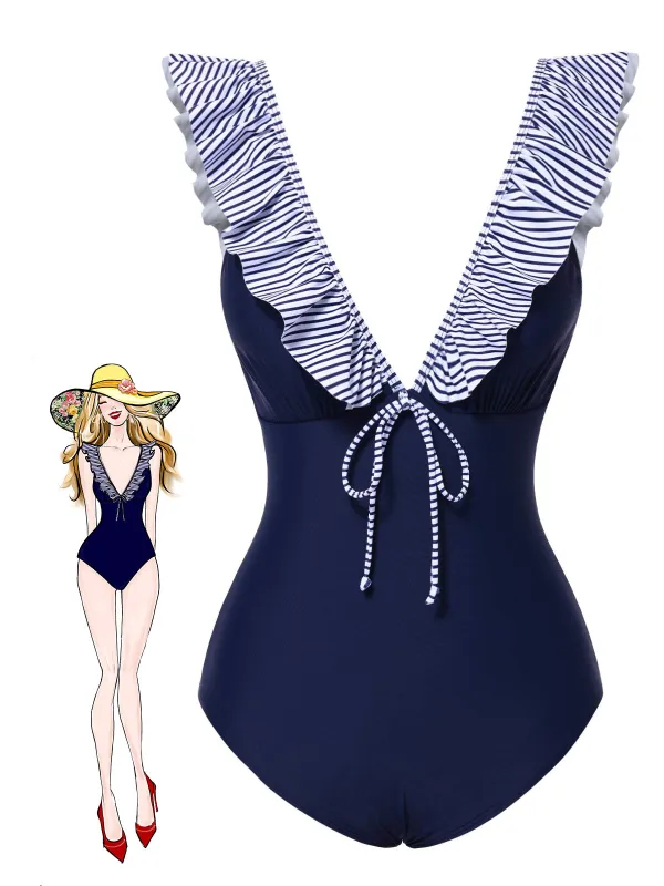 Dark Blue 1940s Striped Ruffled Swimsuit sold by Retro Stage