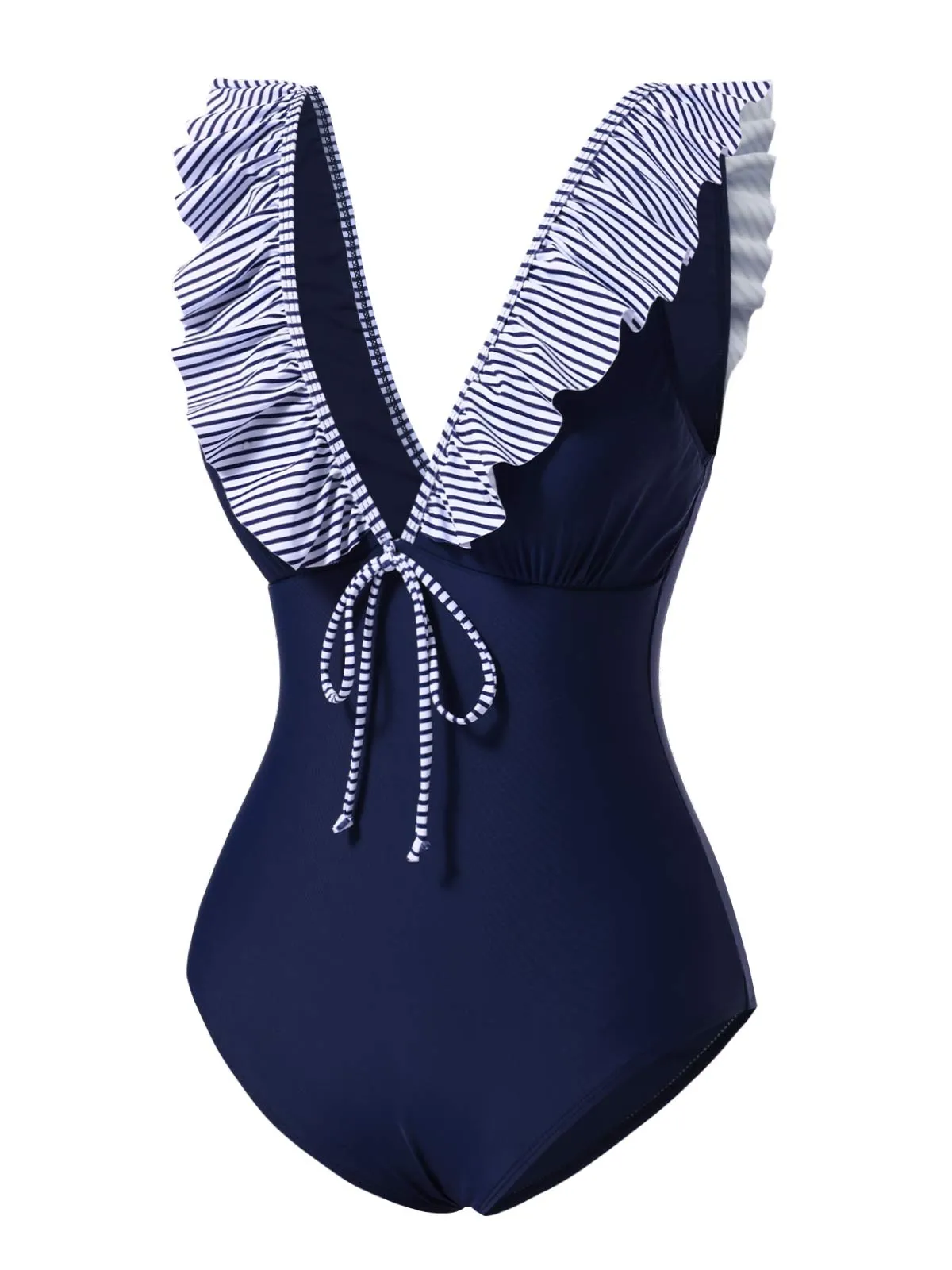 Dark Blue 1940s Striped Ruffled Swimsuit sold by Retro Stage product image thumbnail 4