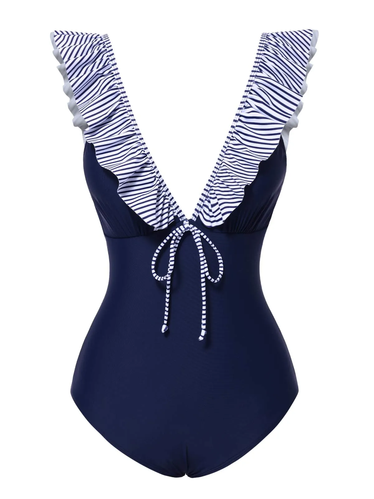 Dark Blue 1940s Striped Ruffled Swimsuit sold by Retro Stage product image thumbnail 3