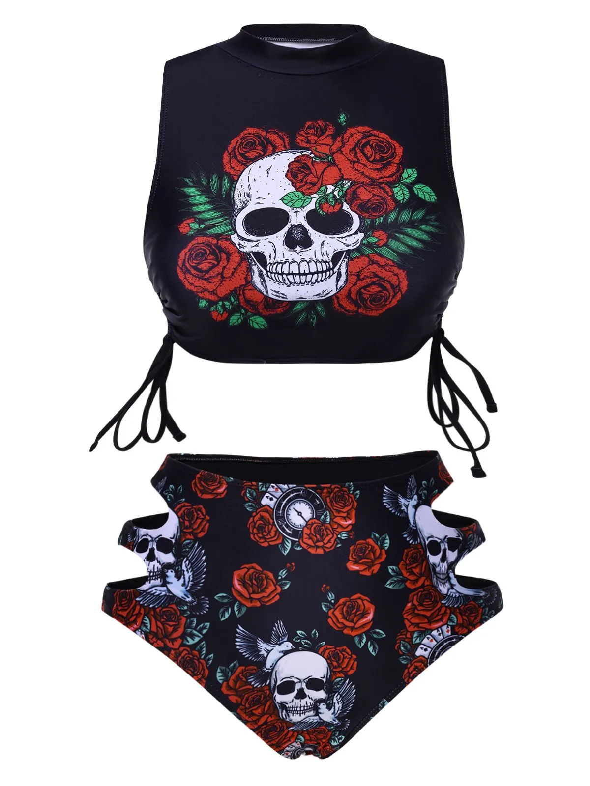 Black 1970s Rose Skull Lace -Up Tankini sold by Retro Stage