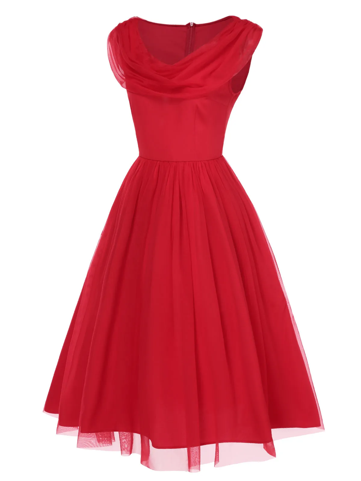 Red 1950s Solid Mesh Layered Cowl Neck Dress sold by Retro Stage product image thumbnail 3