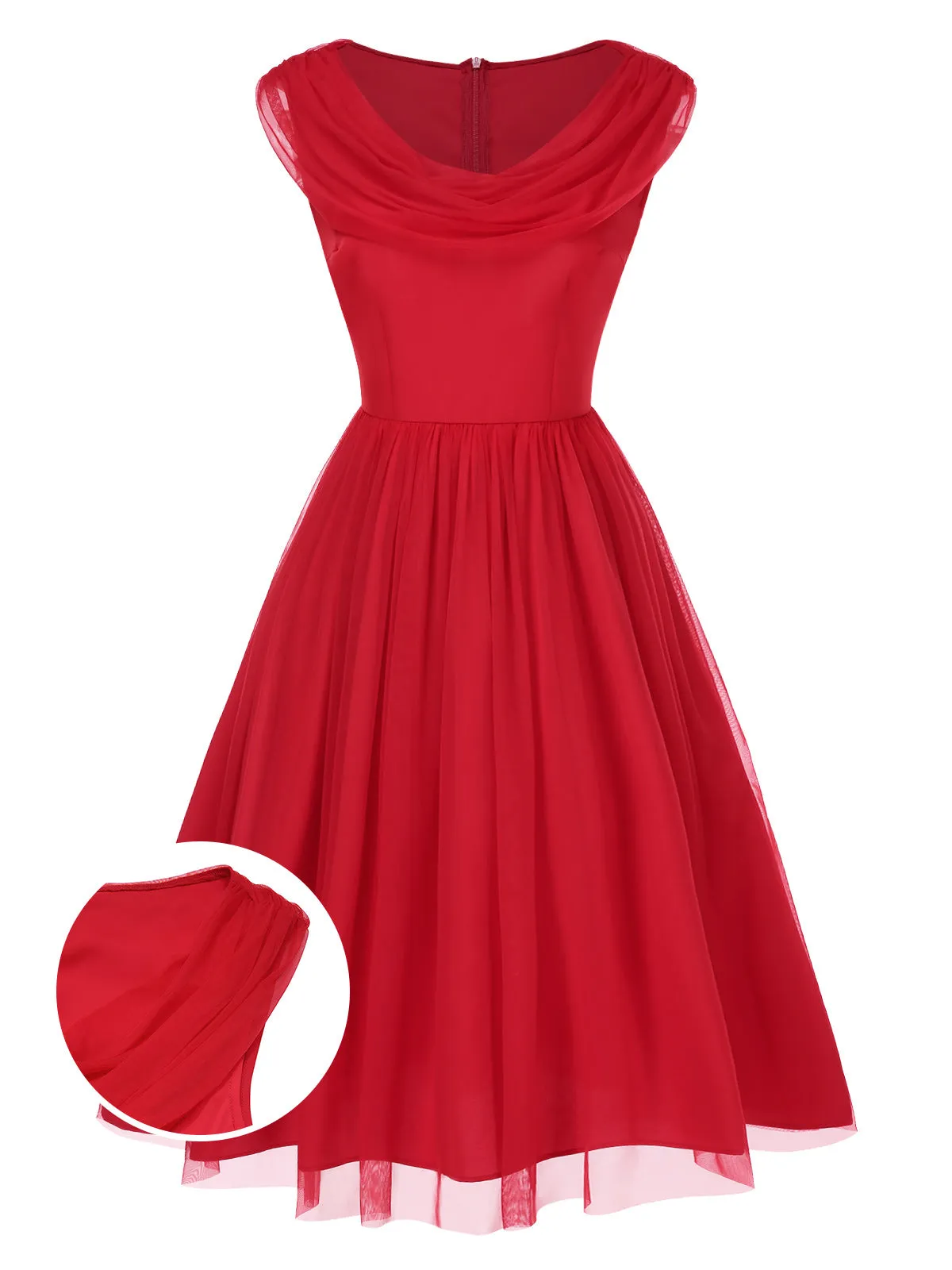Red 1950s Solid Mesh Layered Cowl Neck Dress sold by Retro Stage