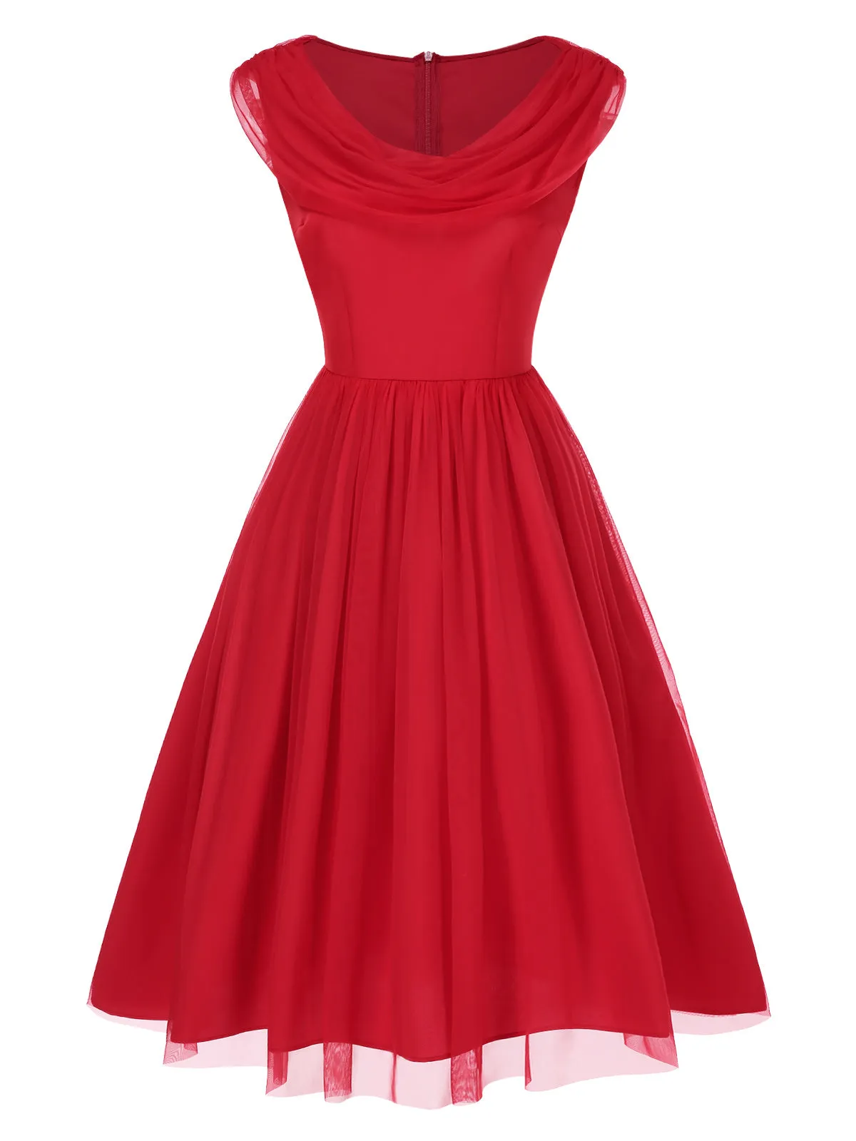 Red 1950s Solid Mesh Layered Cowl Neck Dress sold by Retro Stage product image thumbnail 2