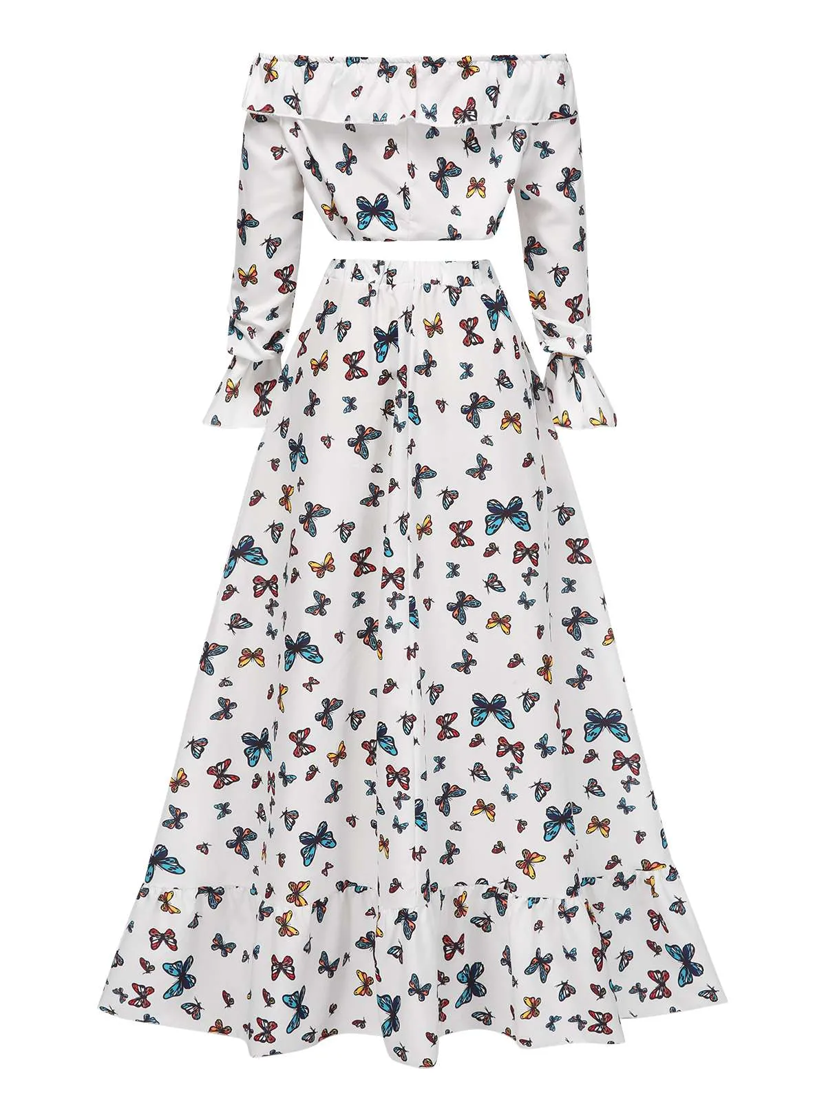 2PCS White 1930s Ruffle Butterfly Off-Shoulder Crop Top & Skirt sold by Retro Stage product image thumbnail 2