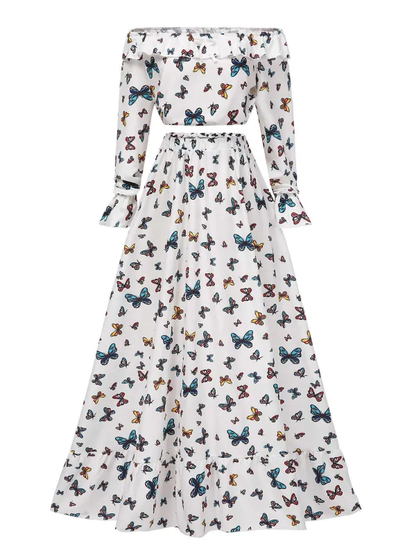 2PCS White 1930s Ruffle Butterfly Off-Shoulder Crop Top & Skirt sold by Retro Stage
