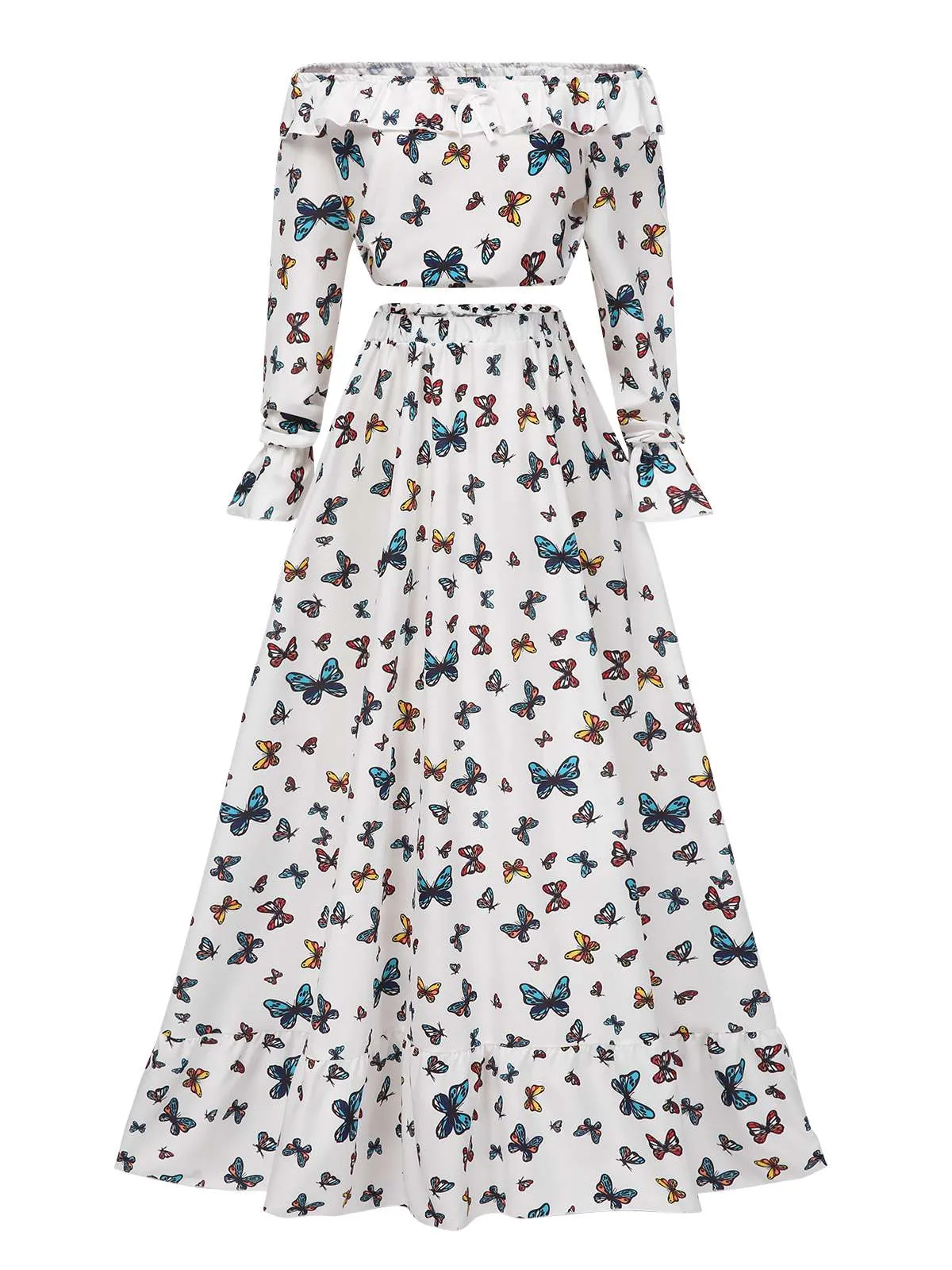 2PCS White 1930s Ruffle Butterfly Off-Shoulder Crop Top & Skirt sold by Retro Stage