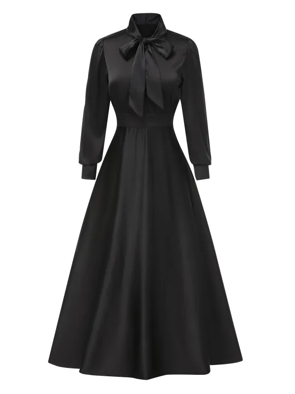Black 1950s Solid Tie-Neck Bishop Sleeves Satin Dress sold by Retro Stage