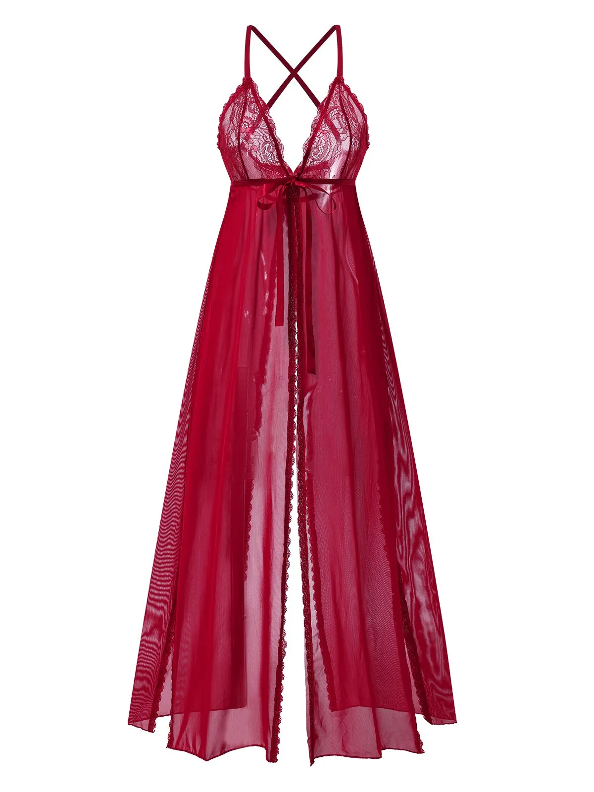Red 1930s High Slit Lace Chiffon Nightgown sold by Retro Stage