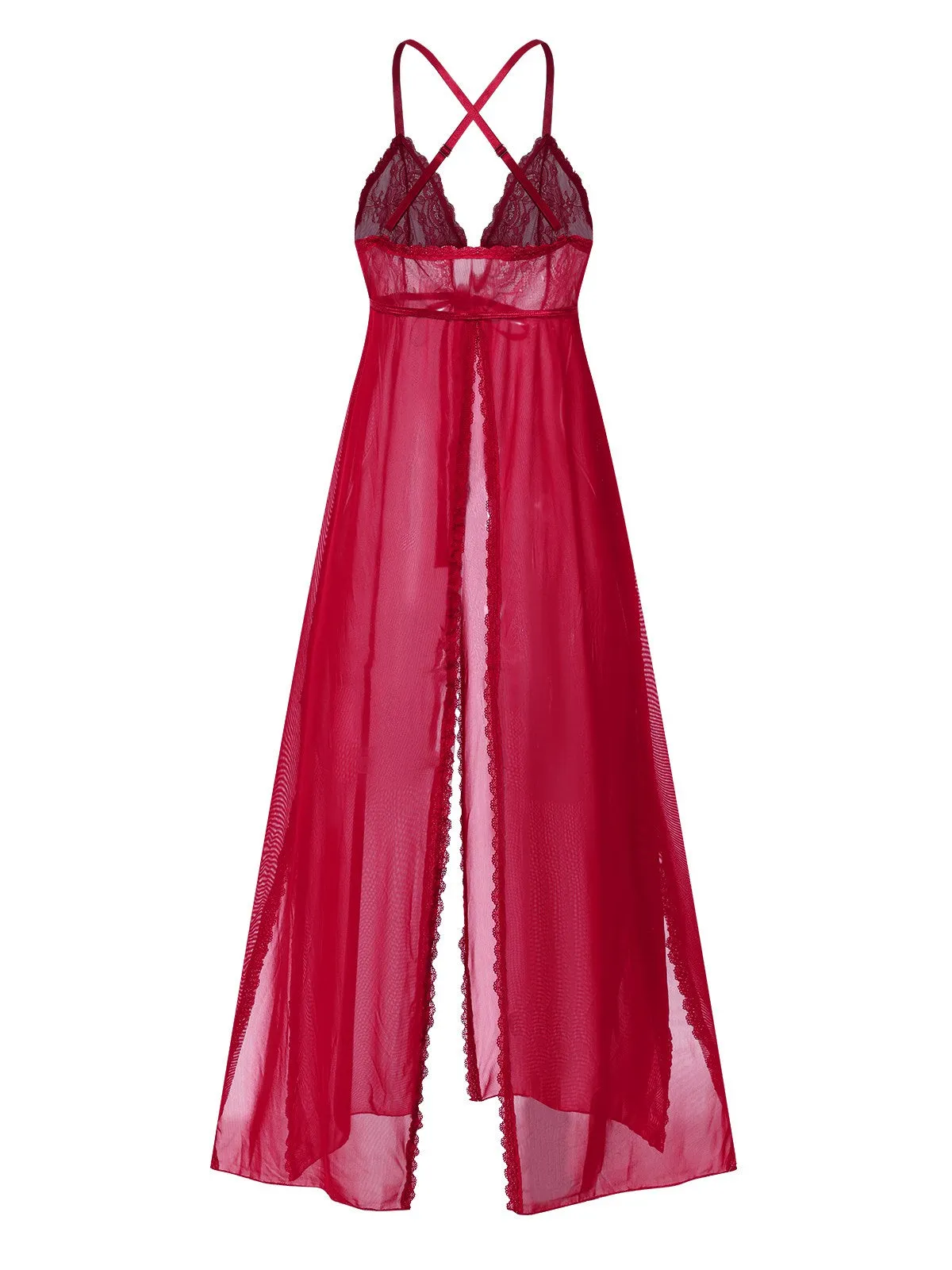 Red 1930s High Slit Lace Chiffon Nightgown sold by Retro Stage product image thumbnail 2