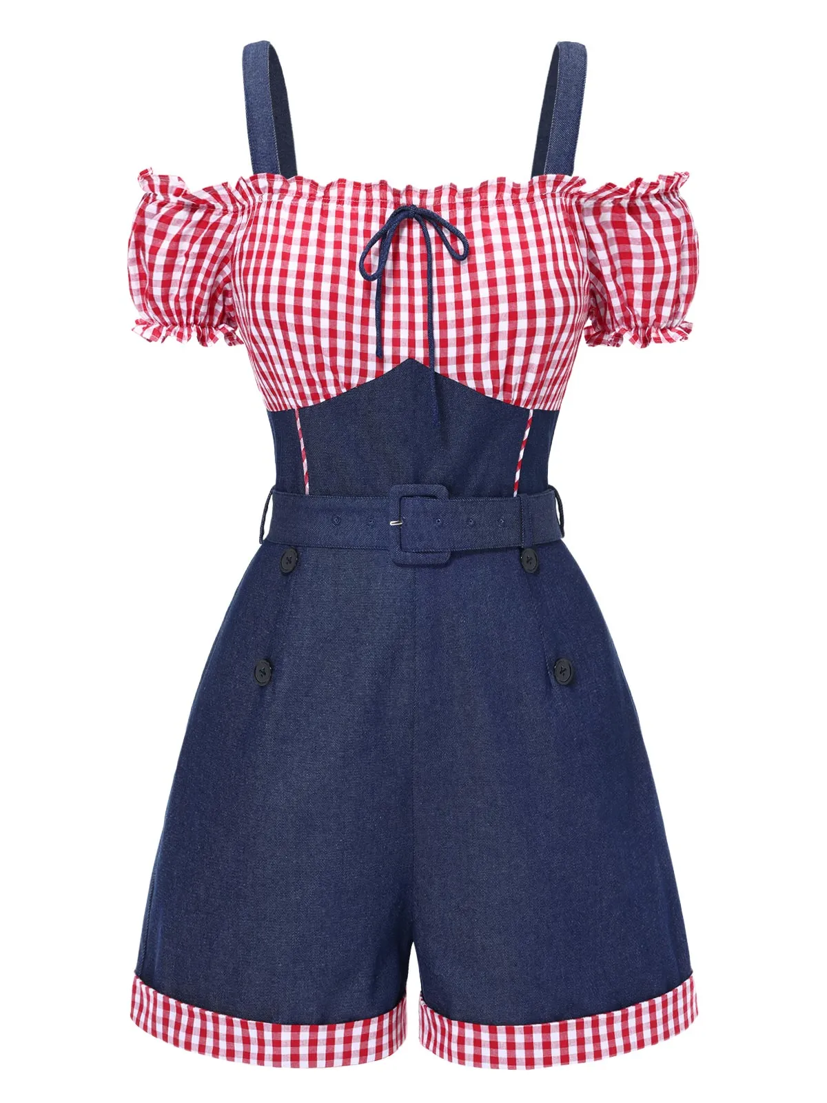 1950s Cold Shoulder Plaids Contrast Denim Romper sold by Retro Stage product image thumbnail 2