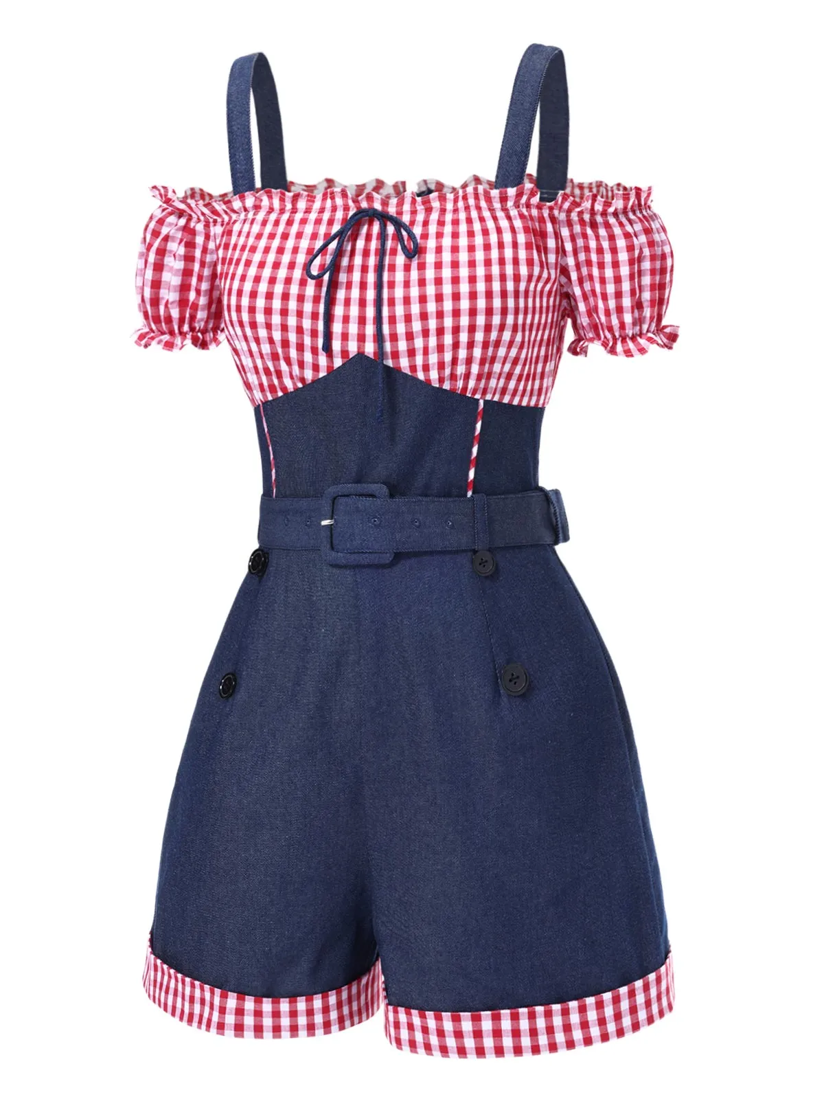 1950s Cold Shoulder Plaids Contrast Denim Romper sold by Retro Stage product image thumbnail 3