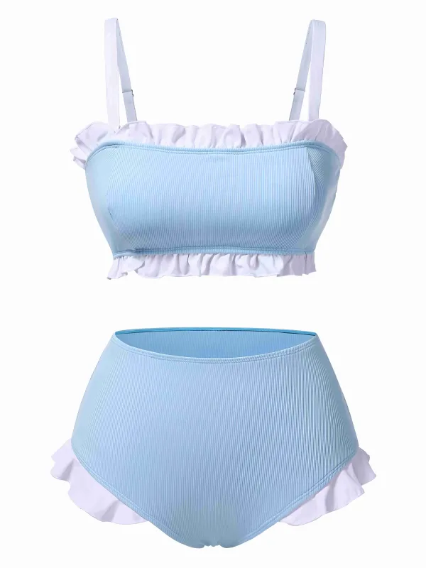 Blue 1950s Ruffled Strap Swimsuit sold by Retro Stage