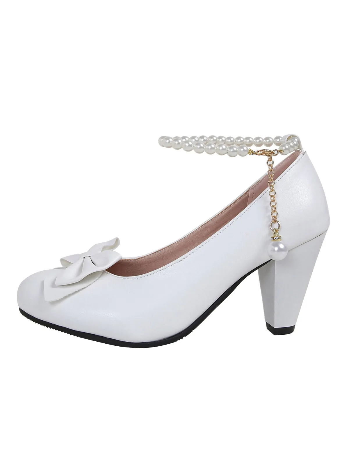 Leather Bowknot Pearl Ankle Strap Chunky Heels sold by Retro Stage product image thumbnail 5