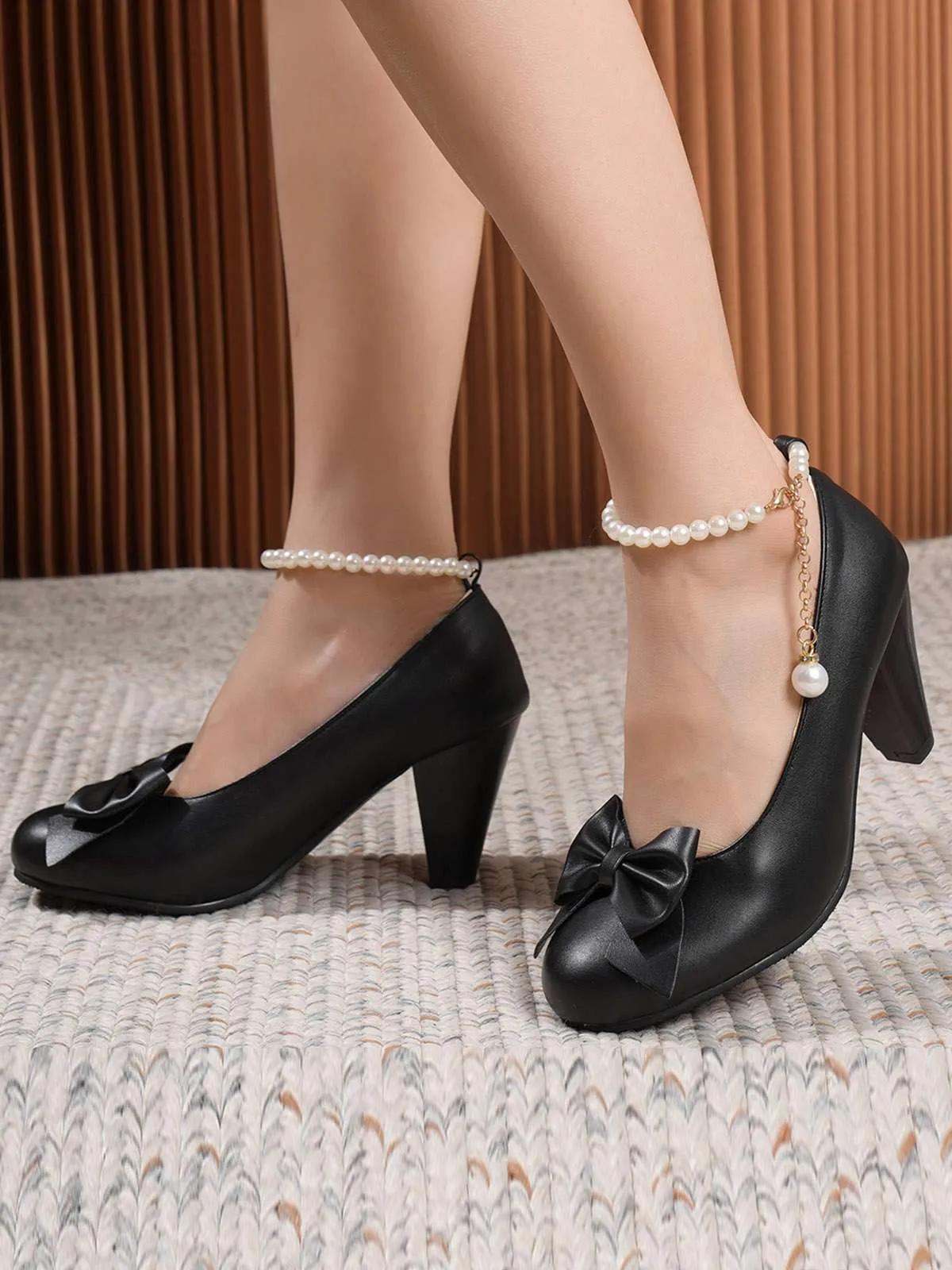 Leather Bowknot Pearl Ankle Strap Chunky Heels sold by Retro Stage product image thumbnail 2