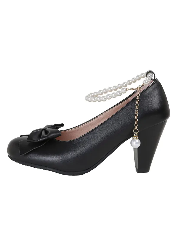 Leather Bowknot Pearl Ankle Strap Chunky Heels sold by Retro Stage