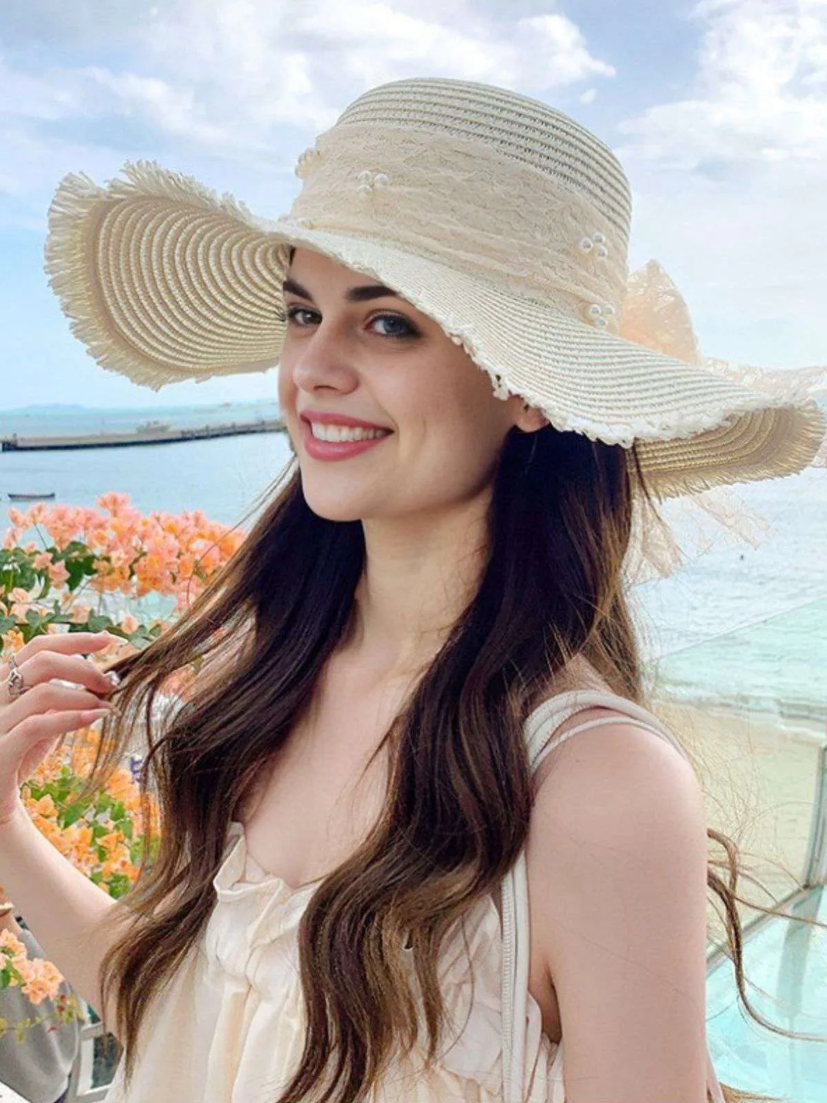 Vintage Lace Ribbon Wide-Brim Sun Hat sold by Retro Stage product image thumbnail 4