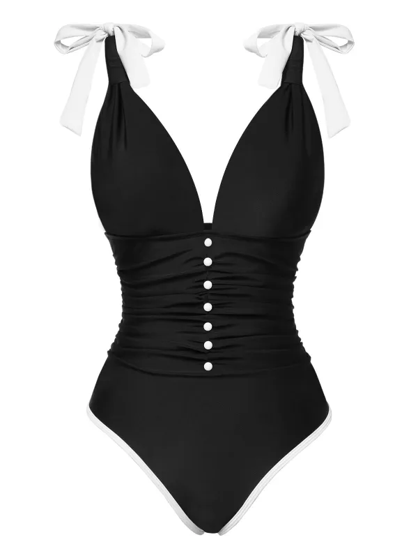 Black 1950s Solid Button Shoulder Lace-Up Swimsuit sold by Retro Stage