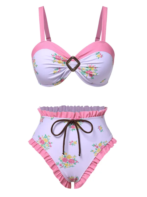 Pink 1950s Ruffled Hem Floral Bikini Set sold by Retro Stage