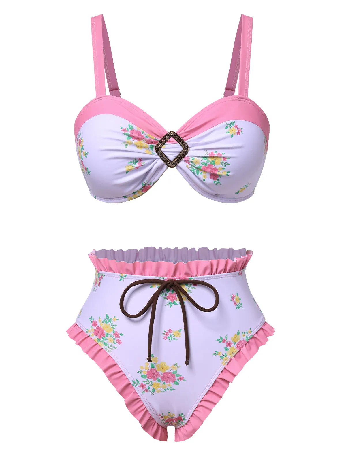 Pink 1950s Ruffled Hem Floral Bikini Set sold by Retro Stage
