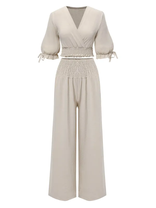 2PCS 1930s Solid V-Neck Smocked Top & Wide-Leg Pants sold by Retro Stage