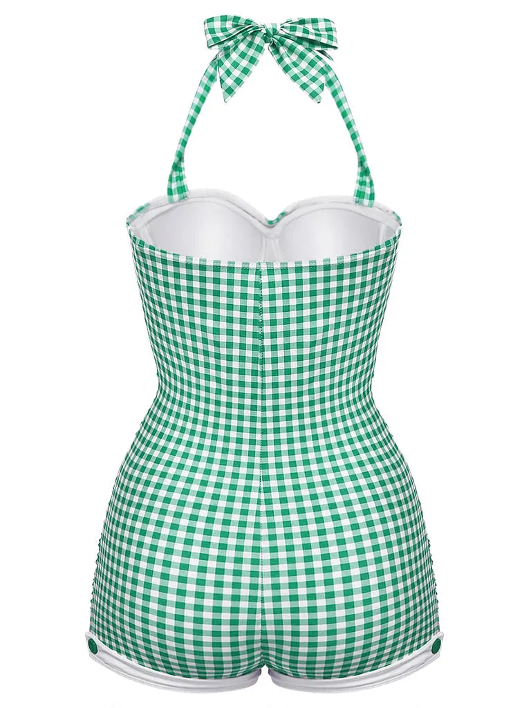 Gingham 1950s Halter Bowknot One-piece Swimsuit sold by Retro Stage product image thumbnail 2