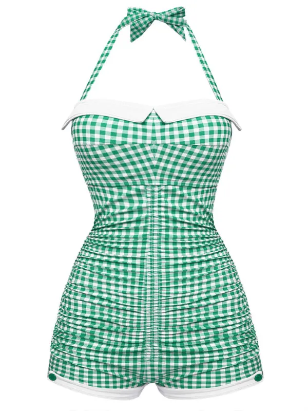 Gingham 1950s Halter Bowknot One-piece Swimsuit sold by Retro Stage