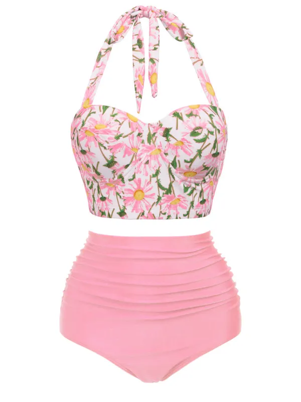 1950s Floral Halter Lace-up Bikini Set sold by Retro Stage