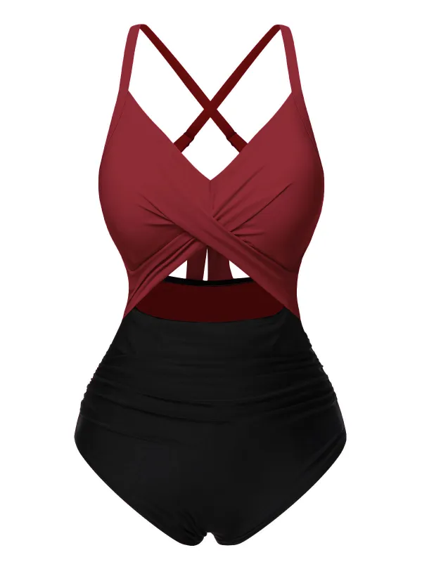 Red & Black 1940s Hollow Waist Patchwork Swimsuit sold by Retro Stage