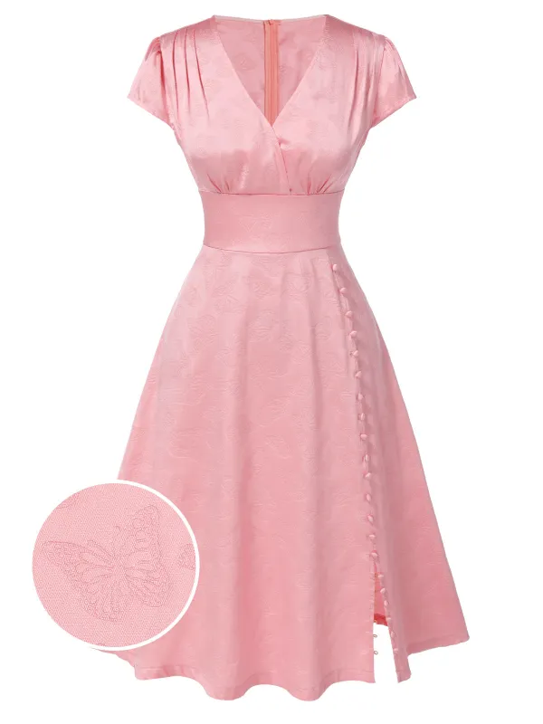 [Pre-Sale] Pink 1940s Deep V-Neck Butterfly Satin Dress made by Retro Stage
