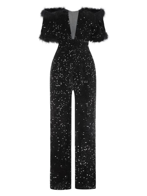 Black 1980s V-Neck Feather Sequined Jumpsuit sold by Retro Stage