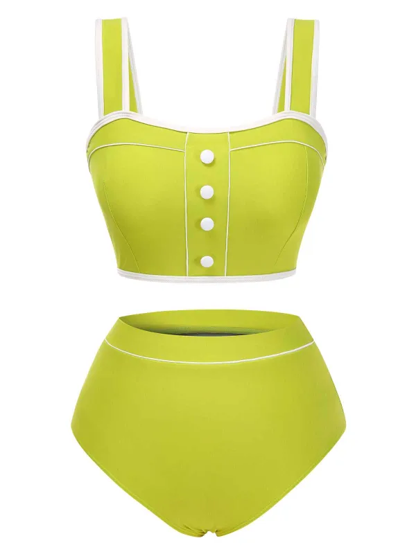 Green 1930s Strap High Waist Button Swimsuit sold by Retro Stage