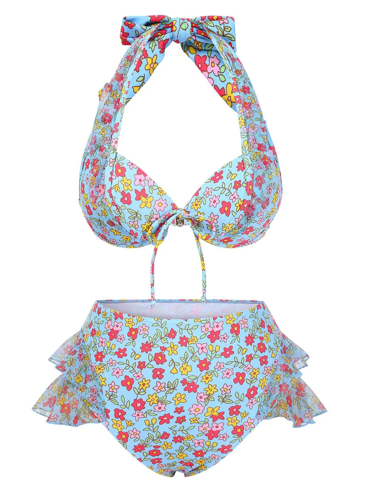 1950s Halter Ditsy Floral Ruffles Bikini Set sold by Retro Stage