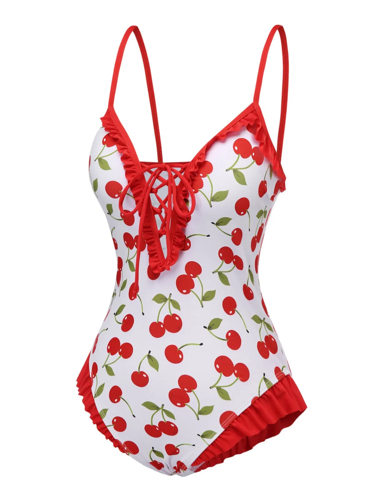 Red 1950s Cherry Lace-Up Ruffled Swimsuit sold by Retro Stage product image thumbnail 3