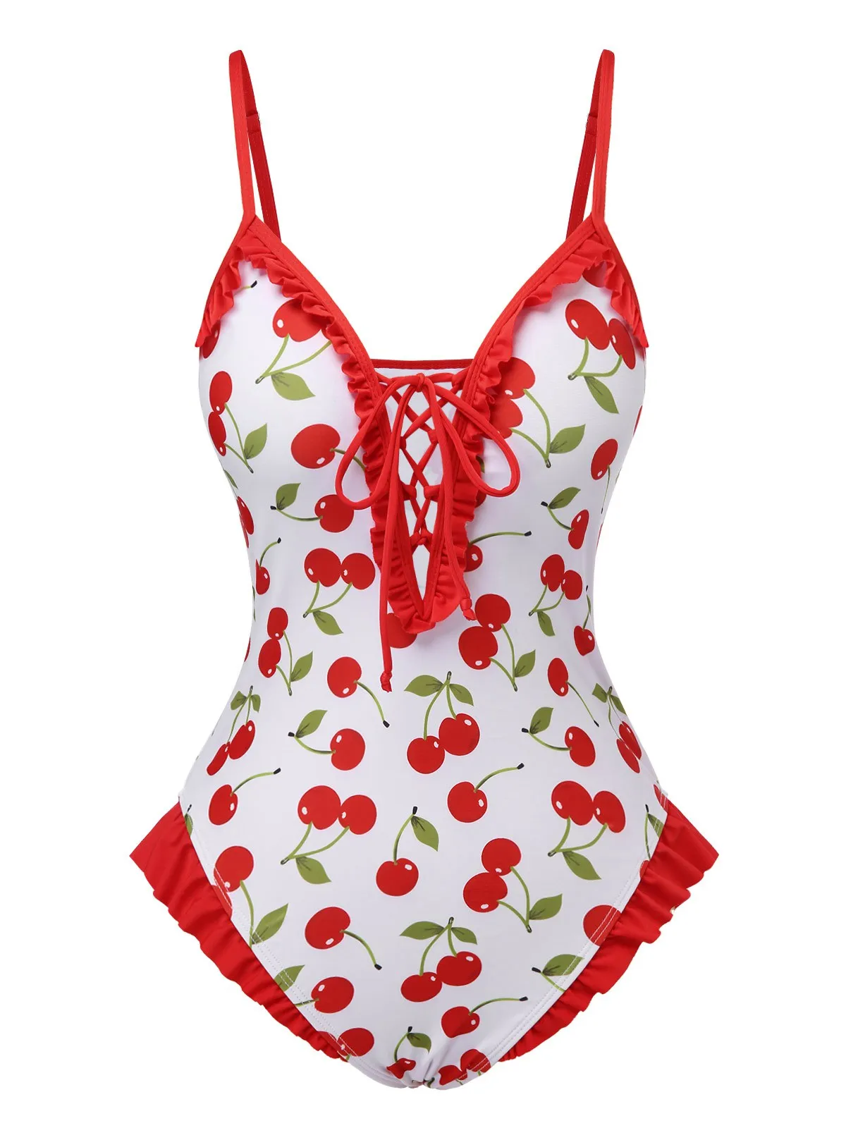 Red 1950s Cherry Lace-Up Ruffled Swimsuit sold by Retro Stage product image thumbnail 2