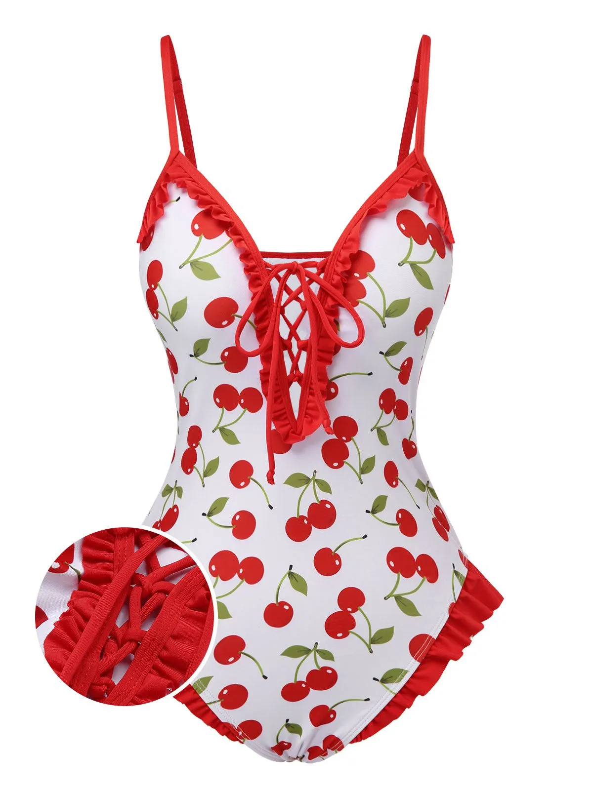 Red 1950s Cherry Lace-Up Ruffled Swimsuit sold by Retro Stage