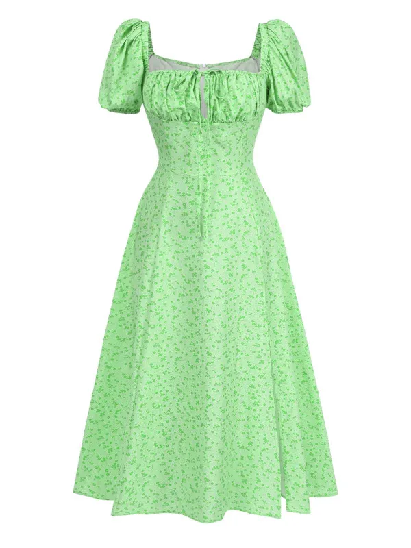 Green 1970s Puff Sleeve Ditsy Floral Slit Dress sold by Retro Stage