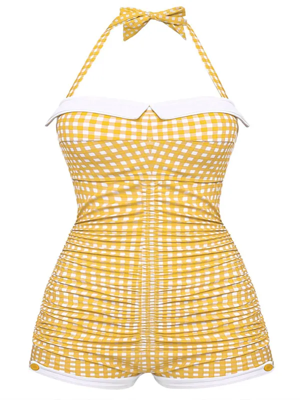 [Plus Size] Yellow 1950s Check Halter Bowknot One-piece Swimsuit sold by Retro Stage
