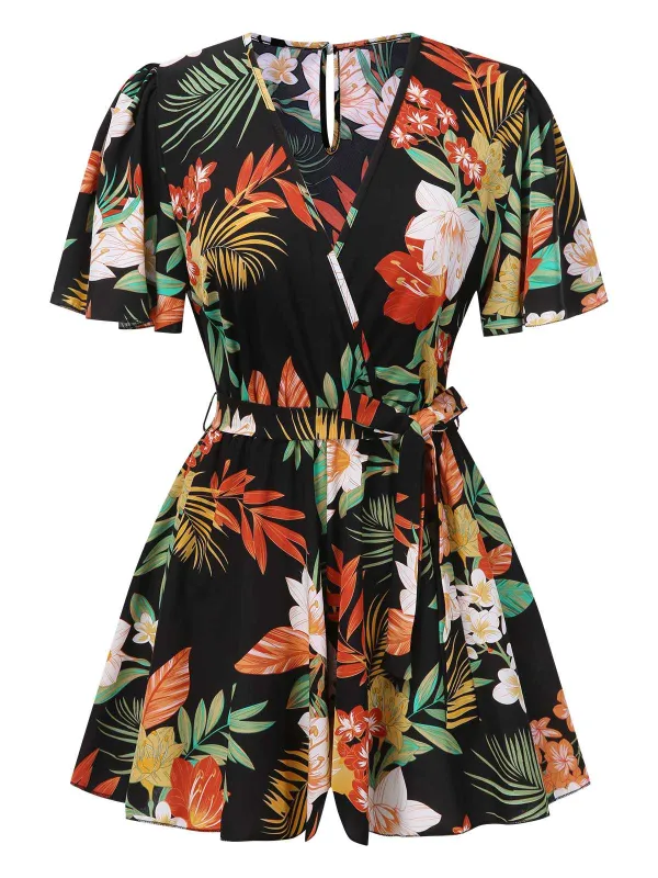 1970s V-Neck Boho Floral Belted Romper sold by Retro Stage