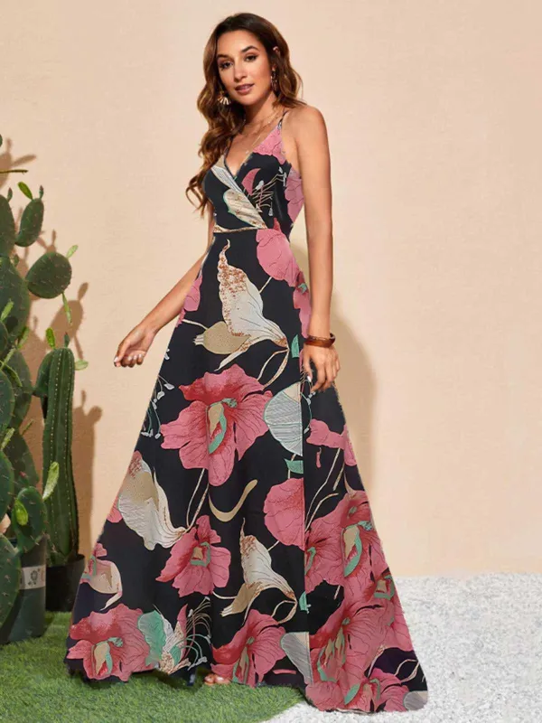 1970s Spaghetti Strap V-Neck Floral Boho Dress sold by Retro Stage