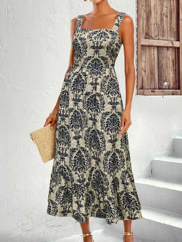 1950s Strap Square-Neck Tie-Back Floral Dress sold by Retro Stage